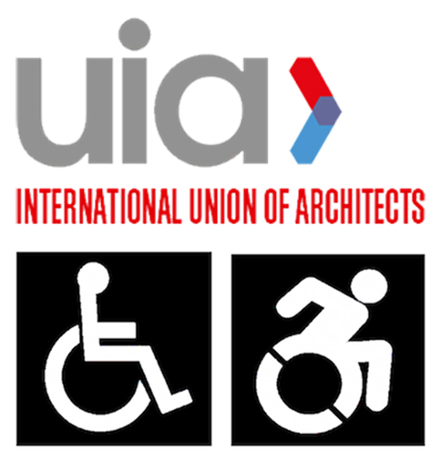Logo UIA, Pictograms with wheelchair user mit Rollstuhlfahrer*in